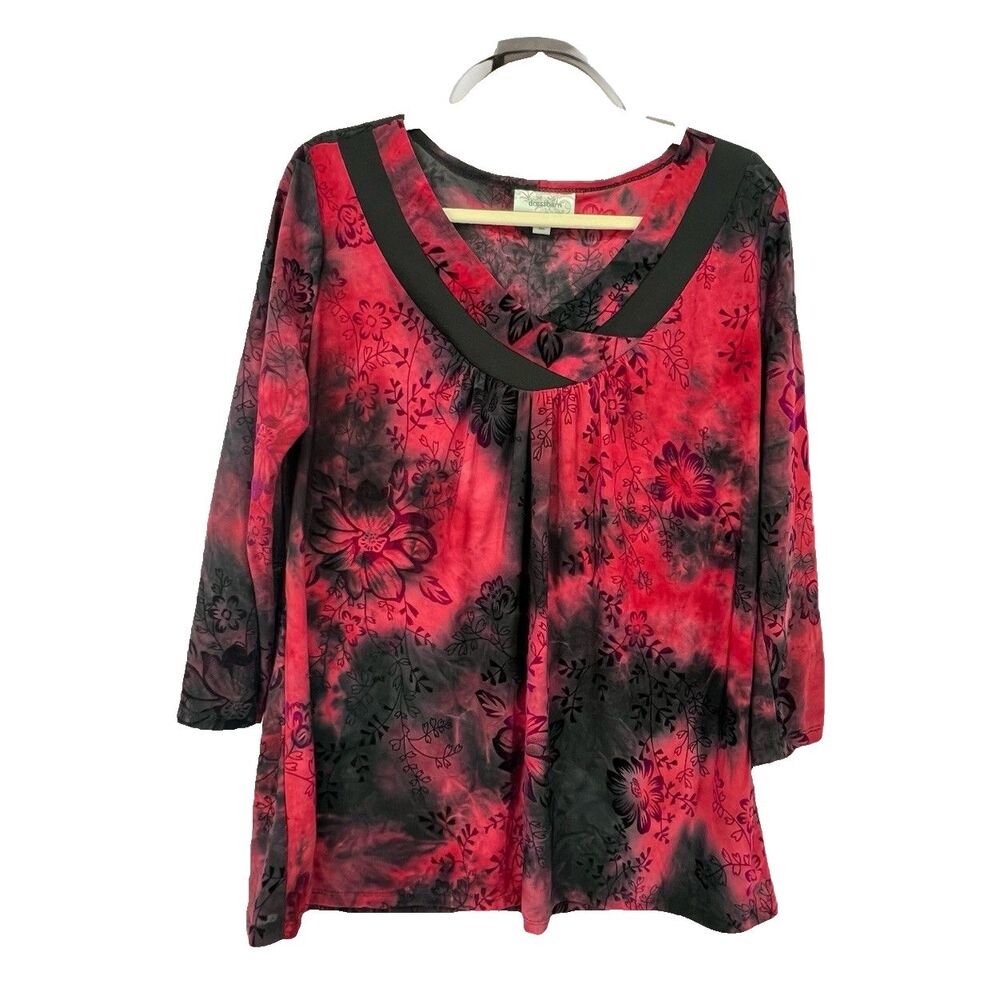 Dressbarn Womens Top Velvet Burnout Red Tie Dye Sz L Floral Whimsygoth Y2K Vamp